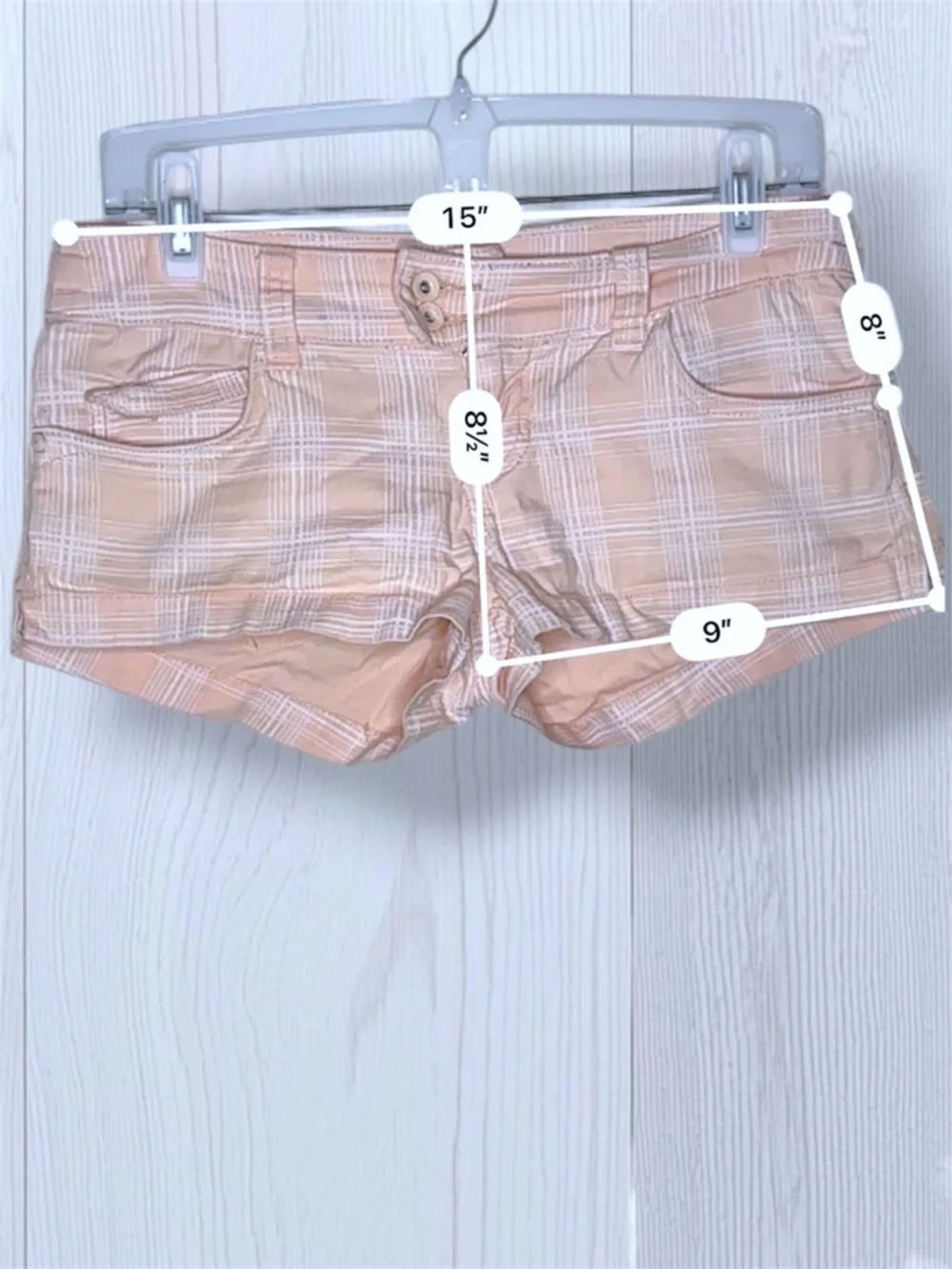 YMI Women’s Plaid Low Rise Shorts Peach Preppy Orange White Tartan - Size 3
